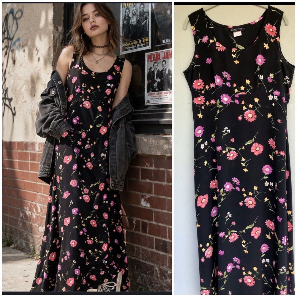 VTG 90s Metropolitan Floral Maxi Dress 12 Black Slip Rayon Grunge Whimsigoth Y2K
